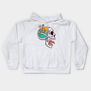 lighthouse and ocean in skull mind Kids Hoodie